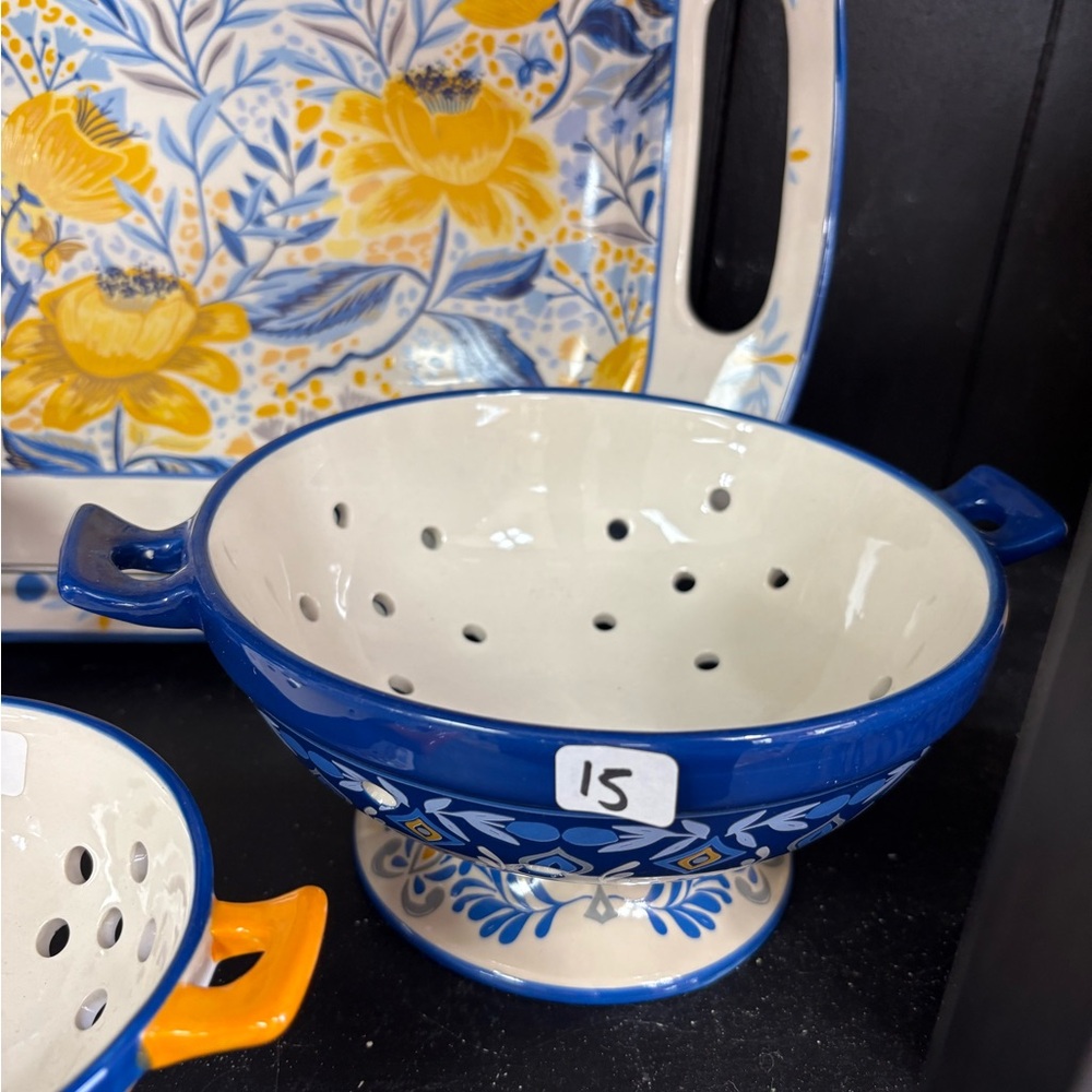 Fitz and Floyd Blue and Yellow Floral Colander